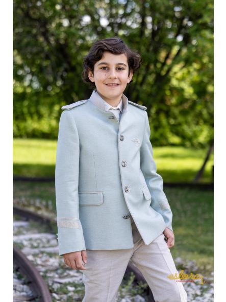 Traje comunión Eslora Burdeos 2027 con chaleco de rayas verde agua [3]
