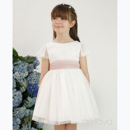 Vestido de ceremonia niña AMAYA tul crudo-rosa 582423