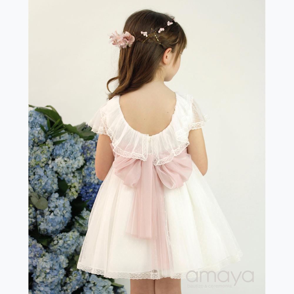Vestido de bautizo niña AMAYA en tul rosa modelo 593420