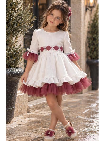 Vestido de ceremonia y arras para niña Nekenia en blanco roto y burdeos, vista frontal