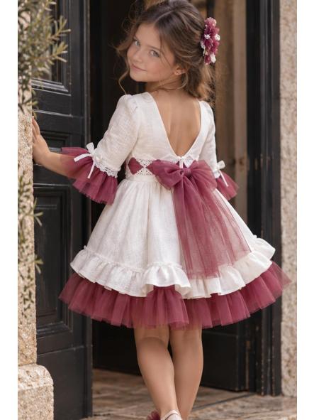 Vestido de ceremonia y arras para niña Nekenia con espalda en V y gran lazada burdeos [1]