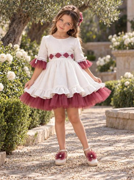 Vestido de Ceremonia y Arras Niña Nekenia Blanco Roto y Burdeos [2]