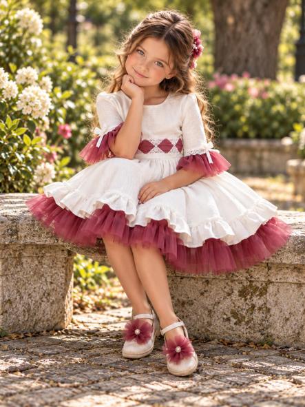 Vestido de Ceremonia y Arras Niña Nekenia Blanco Roto y Burdeos [3]
