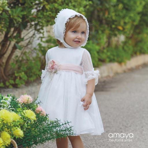 Vestido de bautizo niña AMAYA en tul crudo modelo 593020 [2]