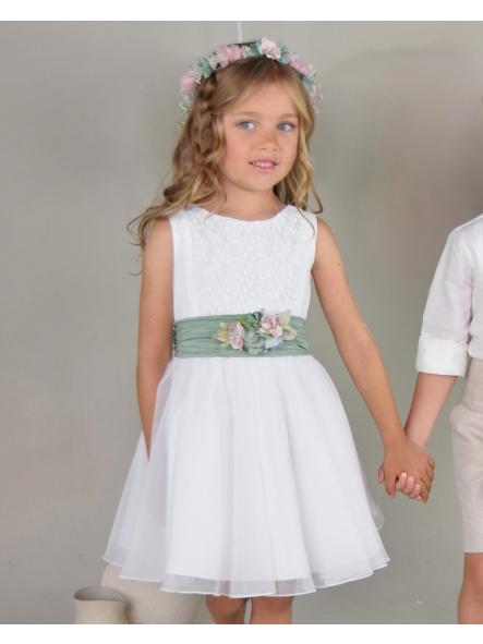 Vestido de ceremonia y arras niña AMAYA modelo 612409 fajín caqui