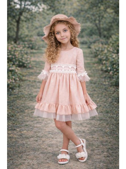 Vestido de media manga niña NEKENIA salmón con tul 2621829