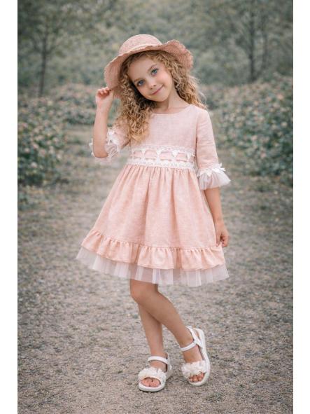Vestido de media manga niña NEKENIA salmón con tul 2621829 [3]