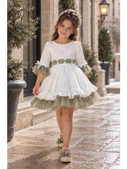 Vestido de ceremonia y arras para niña Nekenia en blanco roto y verde oliva, vista frontal [0]