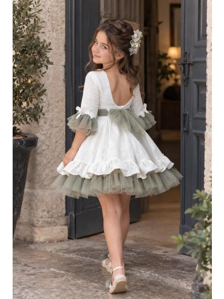 Vestido de ceremonia y arras para niña Nekenia con espalda en V y gran lazada verde oliva [1]