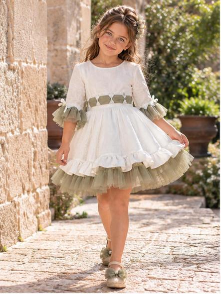 Vestido de Ceremonia y Arras Niña Nekenia Blanco Roto y Verde Oliva [3]