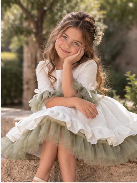 Vestido de Ceremonia y Arras Niña Nekenia Blanco Roto y Verde Oliva [2]