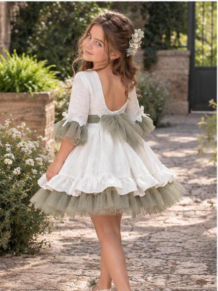Vestido de Ceremonia y Arras Niña Nekenia Blanco Roto y Verde Oliva [4]