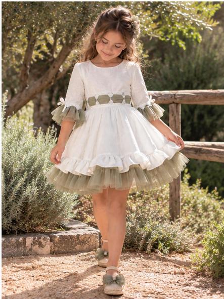 Vestido de Ceremonia y Arras Niña Nekenia Blanco Roto y Verde Oliva [5]