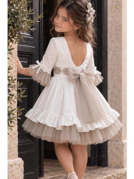 Vestido de ceremonia y arras para niña Nekenia con espalda en V y gran lazada beige [1]