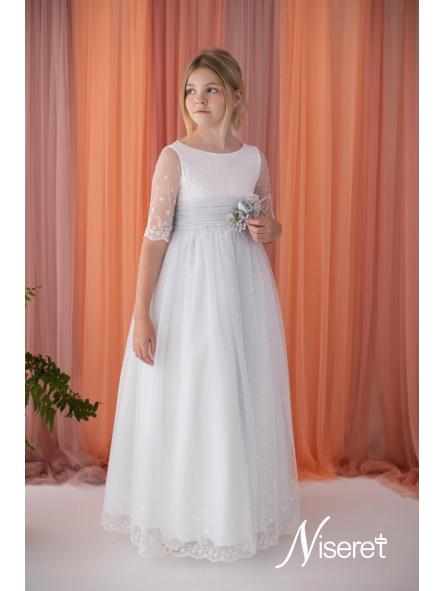 Vestido de comunión Niseret 2027 modelo 5824 natural y celeste empolvado