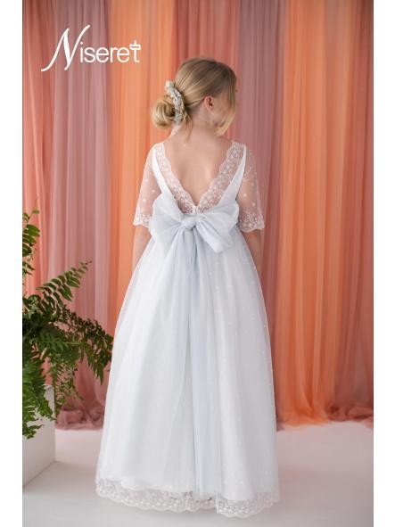 Espalda vestido de comunión Niseret 5824 con escote en V y lazada celeste [1]