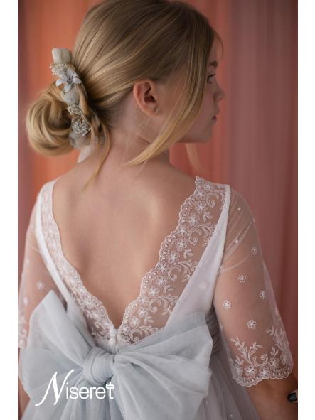 Vestido comunión Niseret 5824 con mangas bordadas y fajín celeste empolvado [3]