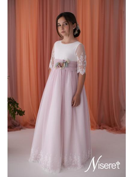 Vestido de comunión Niseret 2027 modelo 5825 natural y rosa empolvado