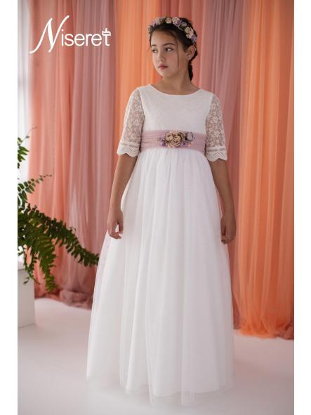 Vestido de comunión Niseret 2027 modelo 5826 natural y rosa empolvado