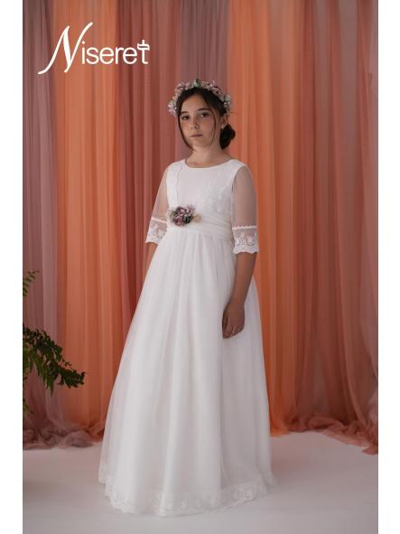 Vestido de comunión Niseret 2027 modelo 5827 en color natural con encaje [0]