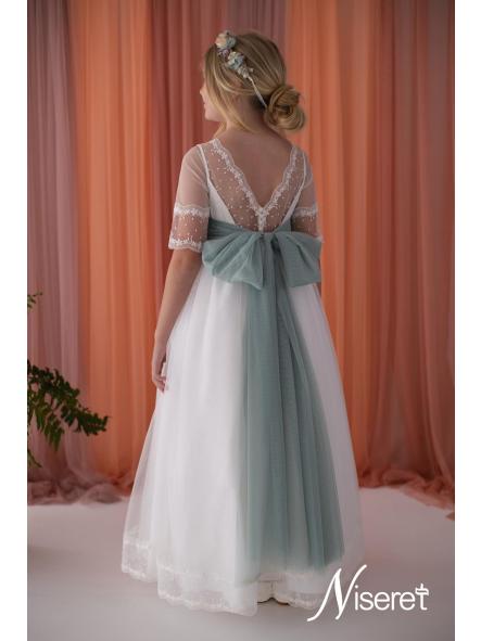 Espalda vestido de comunión Niseret 5835 con escote en V y gran lazada verde agua [1]