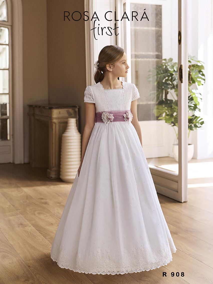 Vestido de comunión Rosa Clará Premium 2027 modelo R908, vista delantera