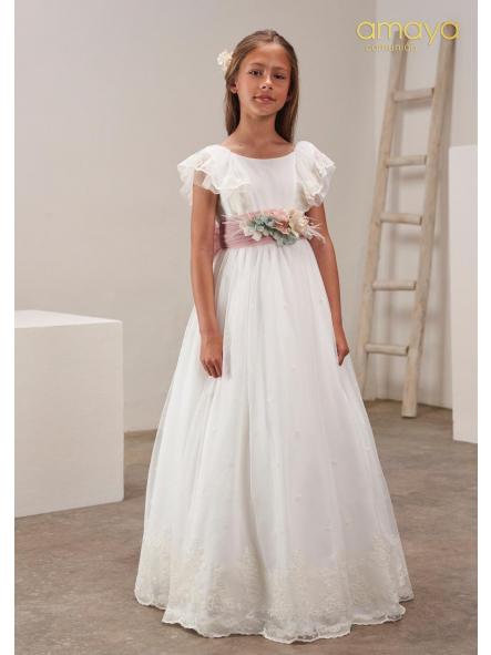 Vestido de Comunión AMAYA 2026 modelo 637013MC crudo-rosa
