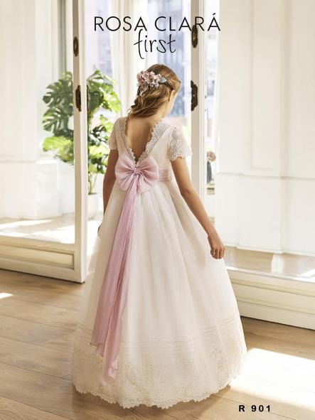 Vestido de comunión Rosa Clará 2027 modelo R901 con lazada rosa en la espalda [1]