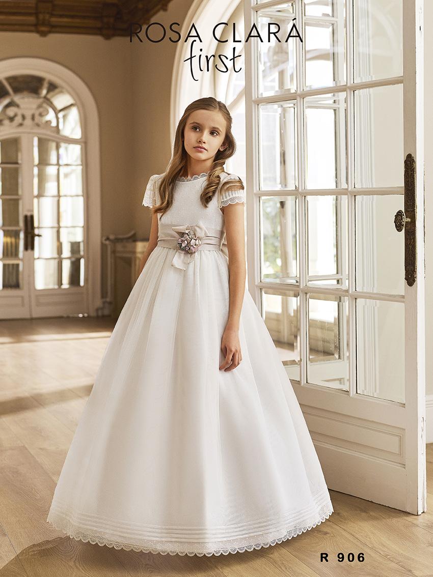 Vestido de comunión Rosa Clará First 2027 R906 crudo y beige, vista delantera