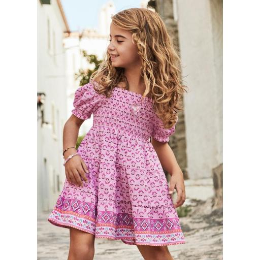 Vestido de manga corta niña MAYORAL estampado nido de abeja 3932