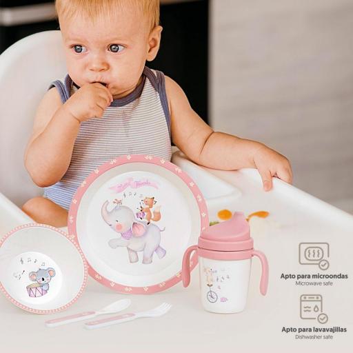 SET VAJILLA BEBÉ ELEFANTE ROSA REGALO BEBÉ
