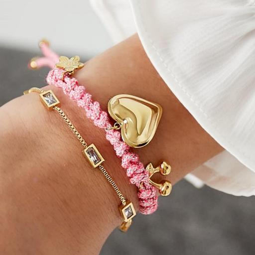 PULSERA ROSA CORAZÓN DORADO