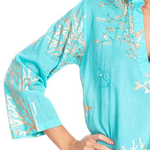 VESTIDO LARGO MUJER ALGODÓN TURQUESA ESTAMPADO DORADO [1]