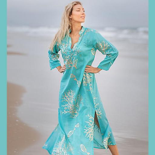 VESTIDO LARGO MUJER ALGODÓN TURQUESA ESTAMPADO DORADO [0]