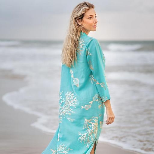VESTIDO LARGO MUJER ALGODÓN TURQUESA ESTAMPADO DORADO [2]