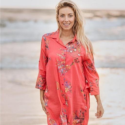VESTIDO CAMISERO ALGODÓN CORAL ESTAMPADO PECES Y CORALES