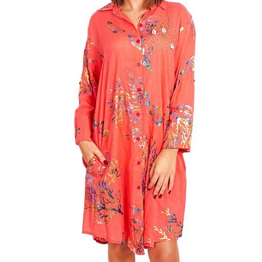 VESTIDO CAMISERO ALGODÓN CORAL ESTAMPADO PECES Y CORALES [2]