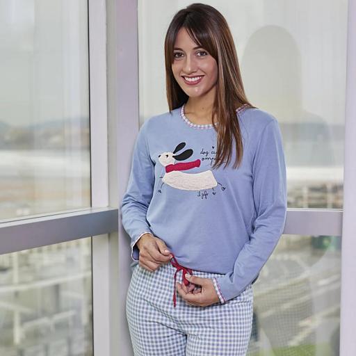 PIJAMA MUJER AZUL CUADROS VICHY PERRO SALCHICHA
