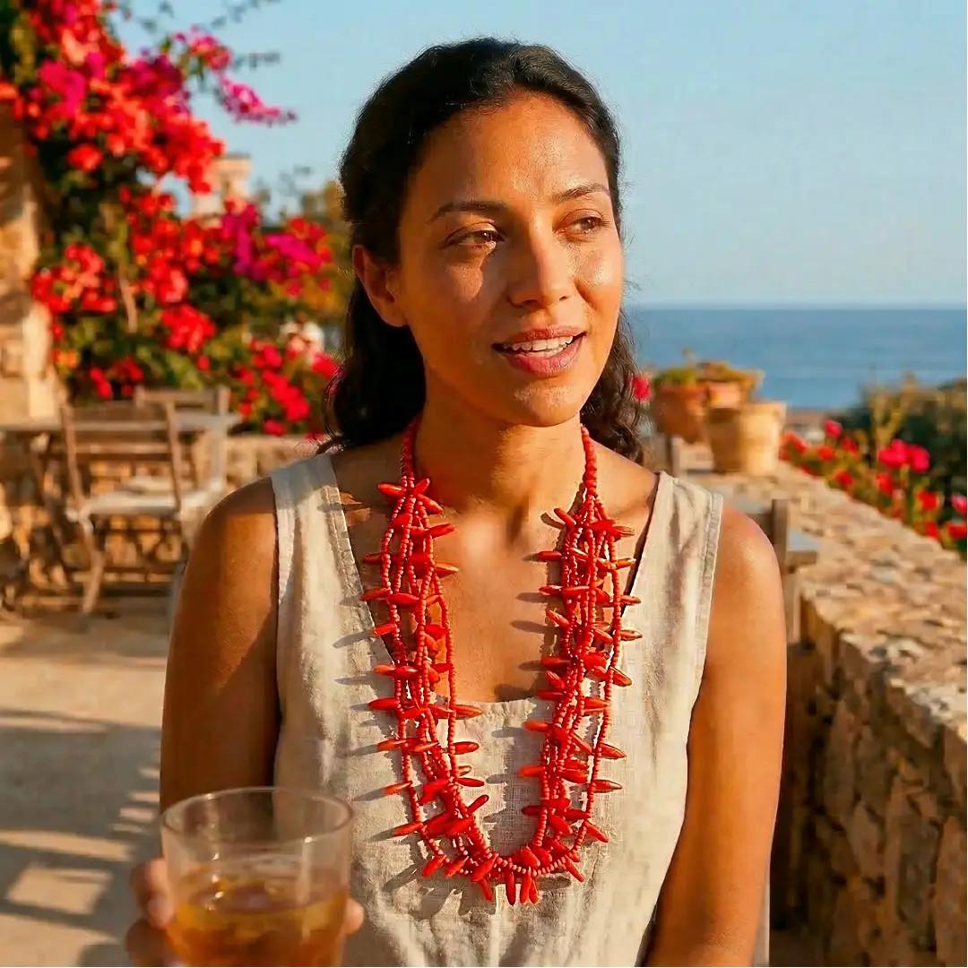 COLLAR MULTIVUELTAS ROJO EFECTO CORAL