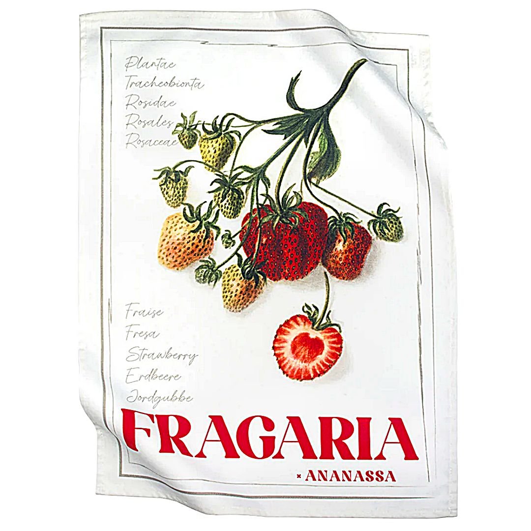 Paño de cocina Fragaria Fresa vintage 50x70 cm algodón sarga con ilustración botánica clásica