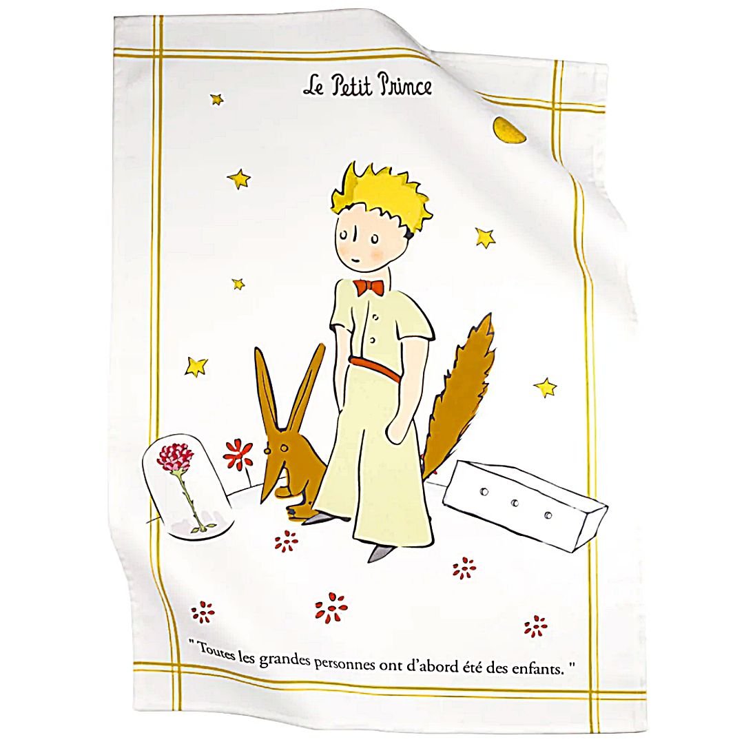 Paño de cocina El Principito vintage 50x70 cm algodón sarga con ilustración clásica y frase en francés
