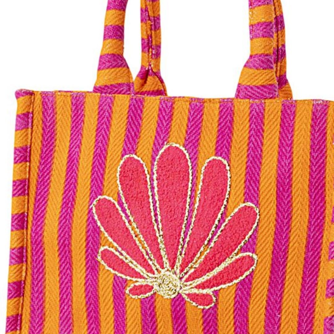 Bolso tote rayado bordado Latido con flor bordada frontal disponible en colores rosa naranja y azul verde