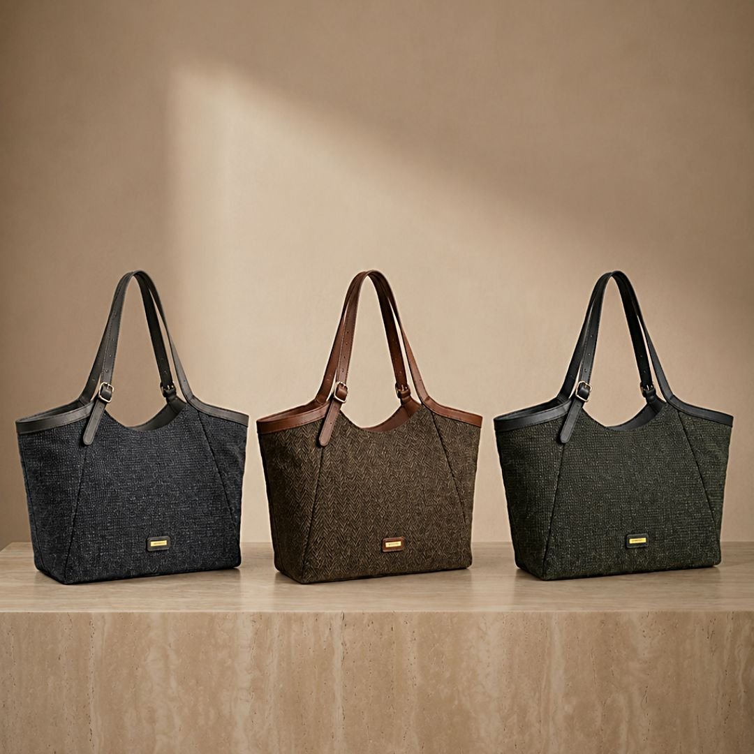 Bolso tote Espiga de Latido con frontal de tejido de lana y asas de ecopiel regulables con hebillas.