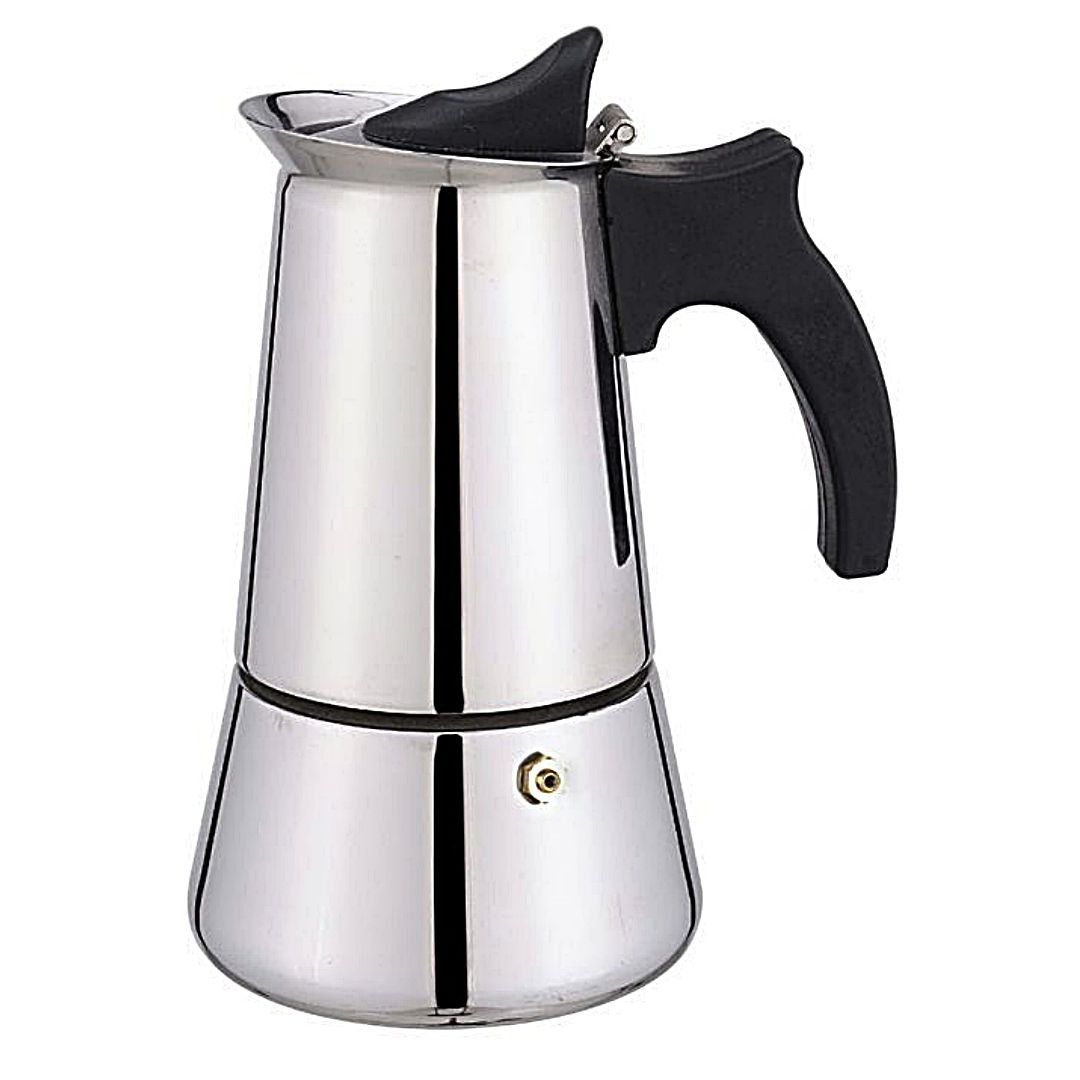 Cafetera italiana Supreme de acero inoxidable pulido compatible con inducción y gas con asa ergonómica negra