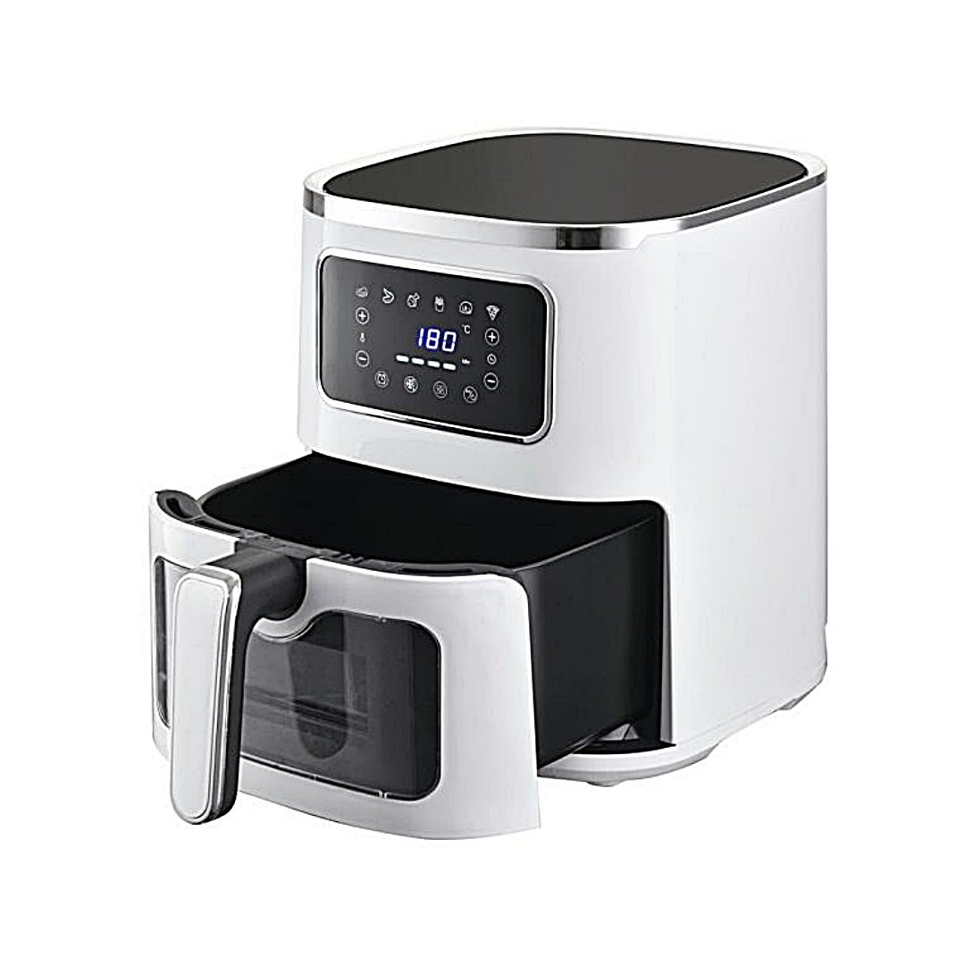 Freidora de aire sin aceite Küken Gold blanca de 5 litros con pantalla digital y ventana frontal.