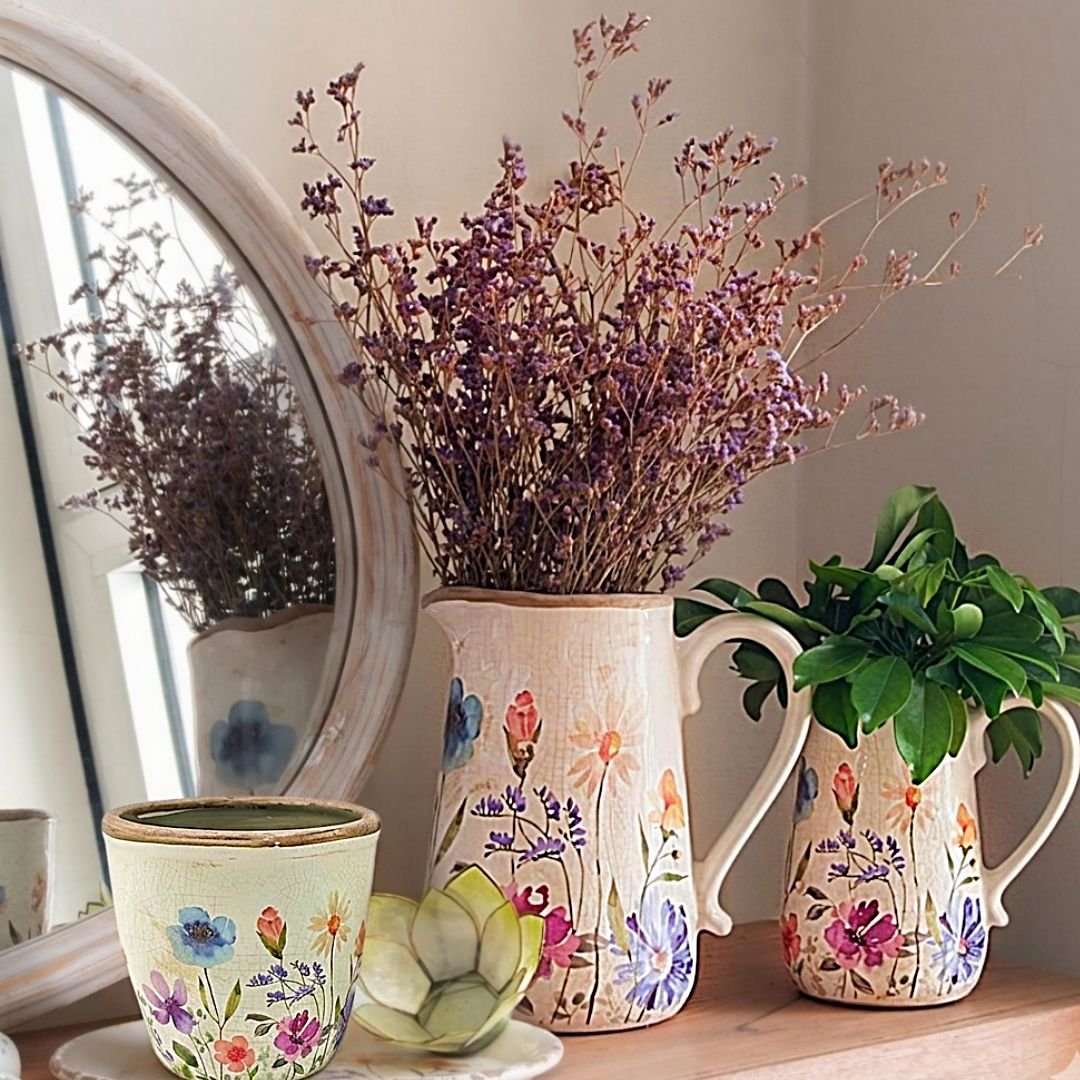 jarra cerámica artesana decorada flores grande 21x15x23 cm Casa Reinal