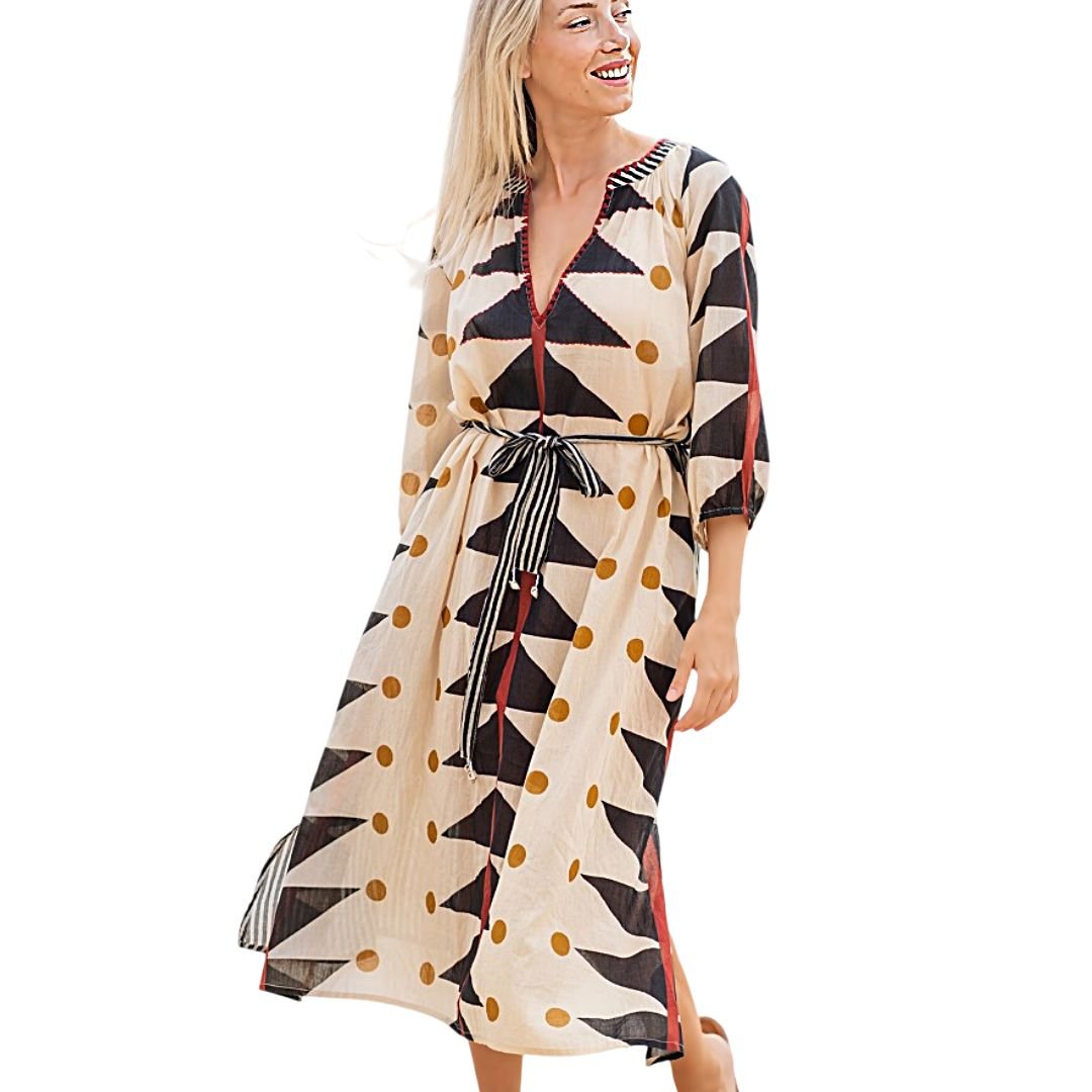 Vestido largo de algodón Isla Bonita con estampado geométrico y cinturón ajustable
