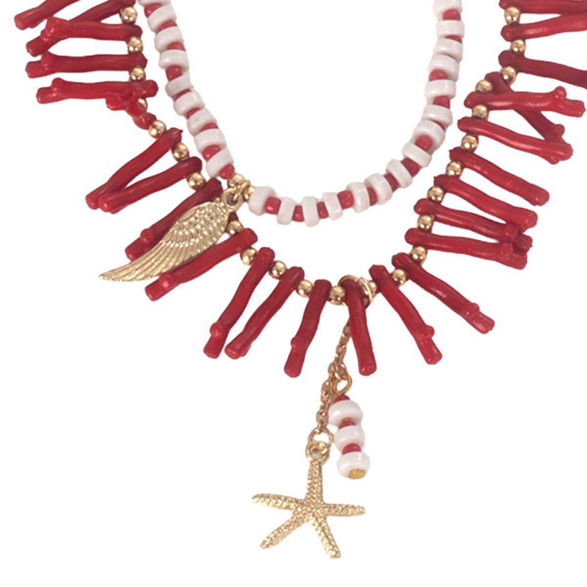 Collar efecto coral Isla Bonita en tonos rojo, blanco y dorado con detalles marinos