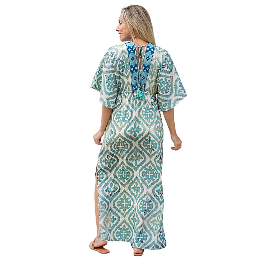Vestido largo de mujer Isla Bonita en viscosa con estampado turquesa y escote bordado