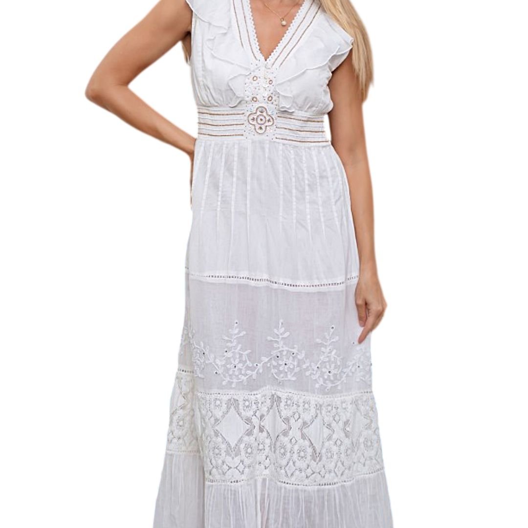 Vestido largo blanco de algodón Isla Bonita con bordados y detalles de encaje